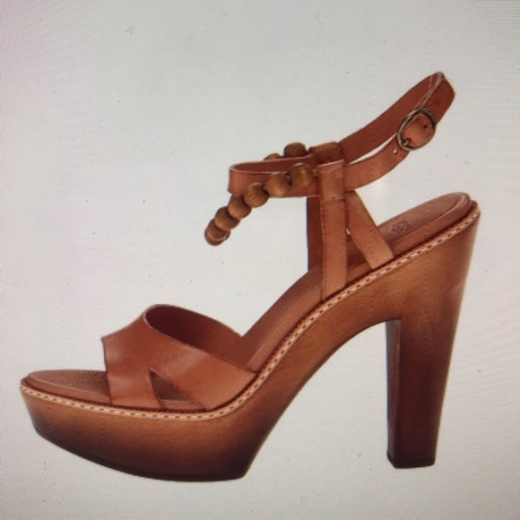 UGG tan nude leather peep toe retro heels wooden platform bead anklet - Picture 3 of 6